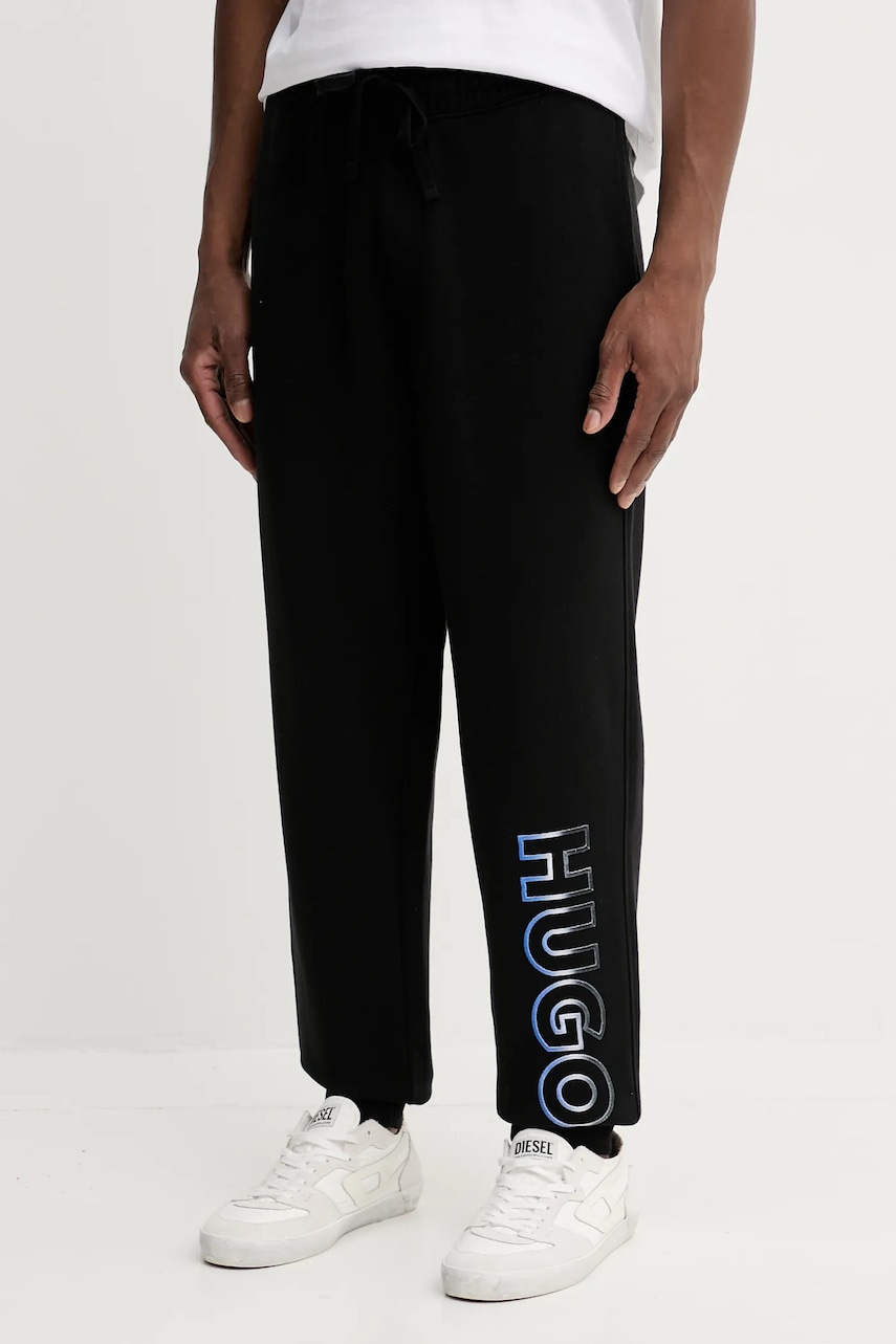 Hugo Blue pantaloni de trening din bumbac culoarea negru, cu imprimeu, 50549149