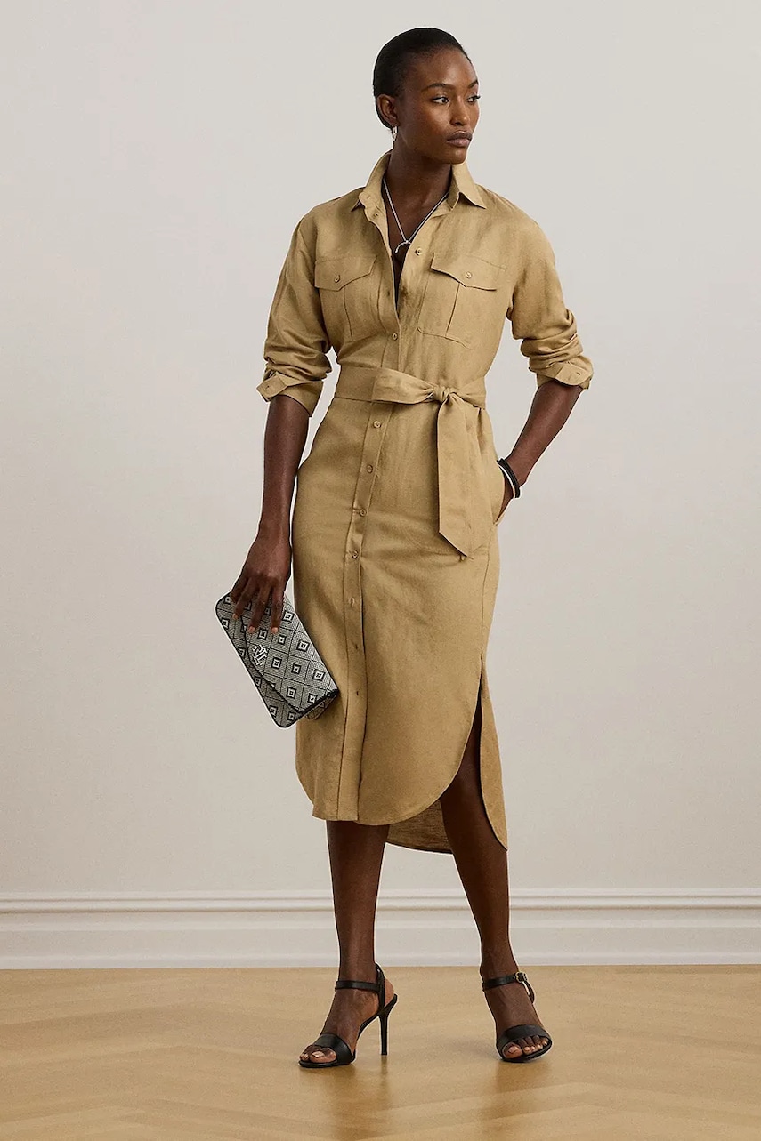 Levně Lněné šaty Lauren Ralph Lauren béžová barva, midi, 200P02410