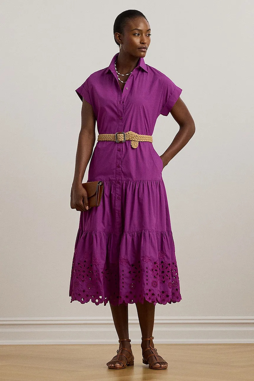 Bavlněné šaty Lauren Ralph Lauren fialová barva, midi, 200970821