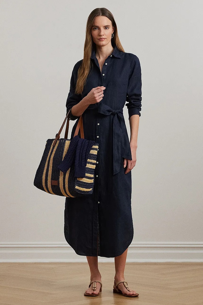 Levně Lněné šaty Lauren Ralph Lauren tmavomodrá barva, midi, 200978672