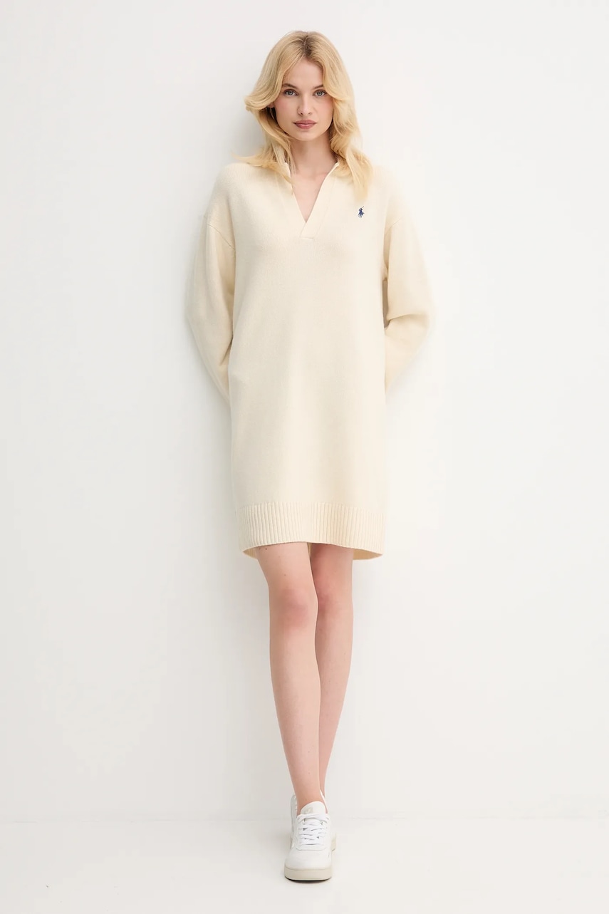 Платье с шерстью Polo Ralph Lauren цвет бежевый mini oversize 211A91143 Платье с шерстью Polo Ralph Lauren цвет бежевый mini oversize 211A91143