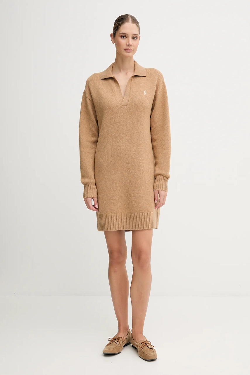Платье с шерстью Polo Ralph Lauren цвет бежевый mini oversize 211A91143 Платье с шерстью Polo Ralph Lauren цвет бежевый mini oversize 211A91143