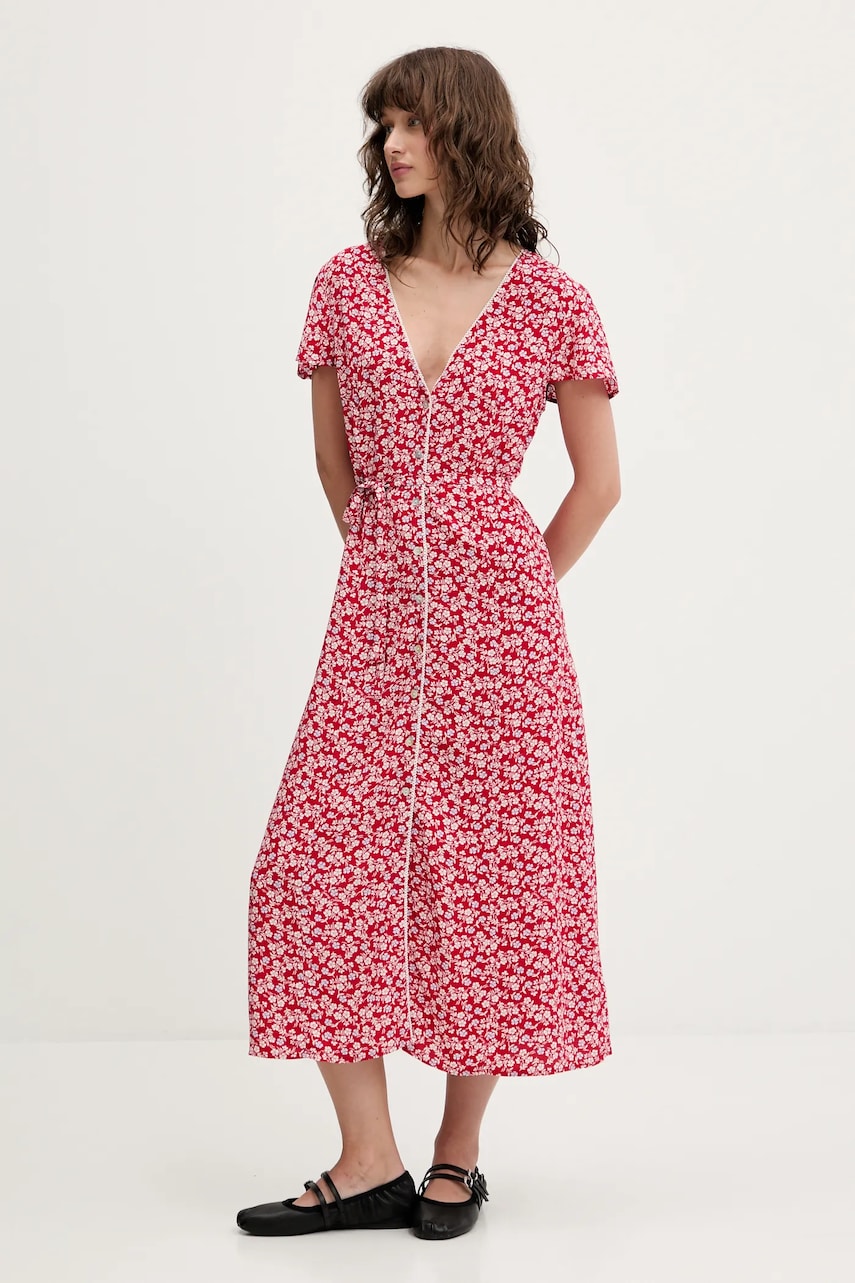 Tommy Jeans rochie culoarea roșu, midi, evazați, DW0DW20884