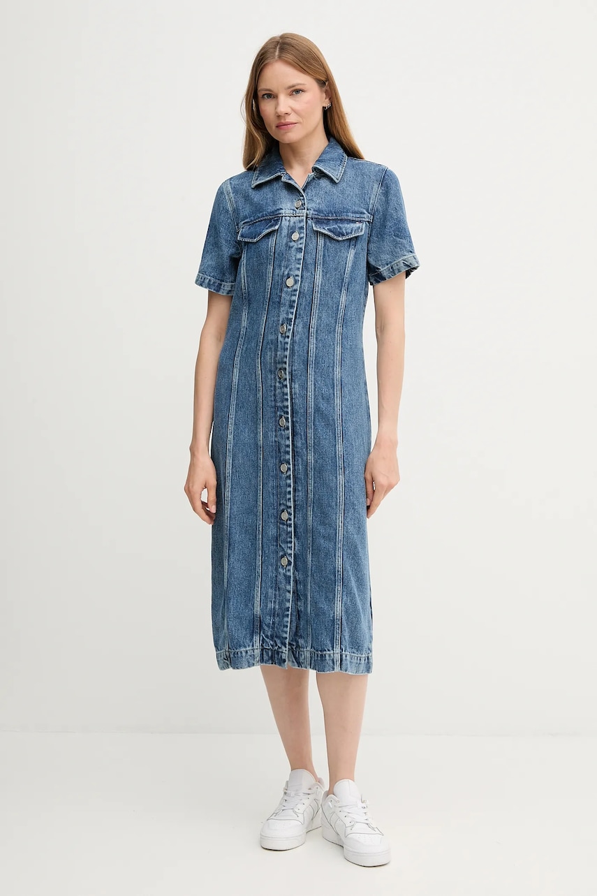 Levně Džínové šaty Tommy Hilfiger modrá barva, midi, WW0WW46638