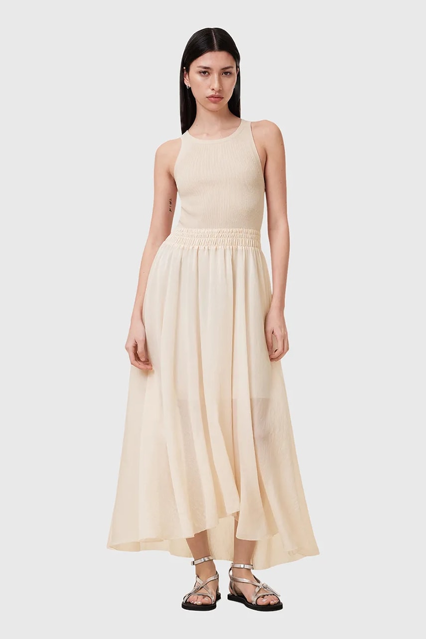 Сукня AllSaints ZENIA колір бежевий midi розкльошена W188DC