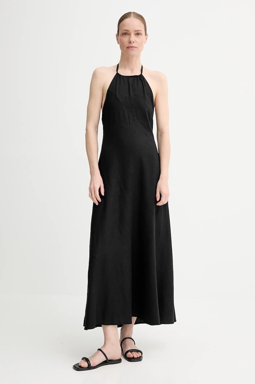 Gestuz rochie din amestec de in culoarea negru, maxi, evazată, 10910282