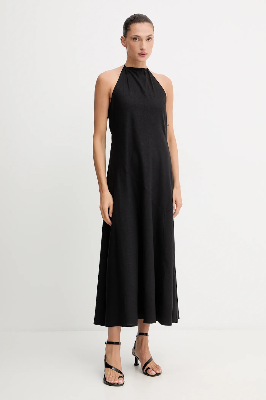 Gestuz rochie din amestec de in culoarea negru, maxi, evazată, 10910282