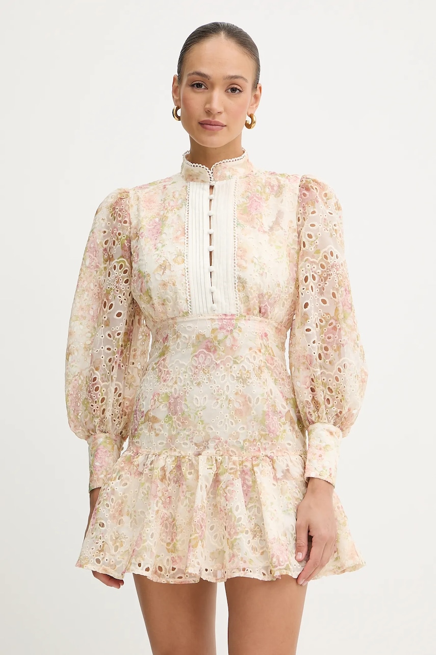 Bardot rochie culoarea bej, mini, evazati, 58421DB3