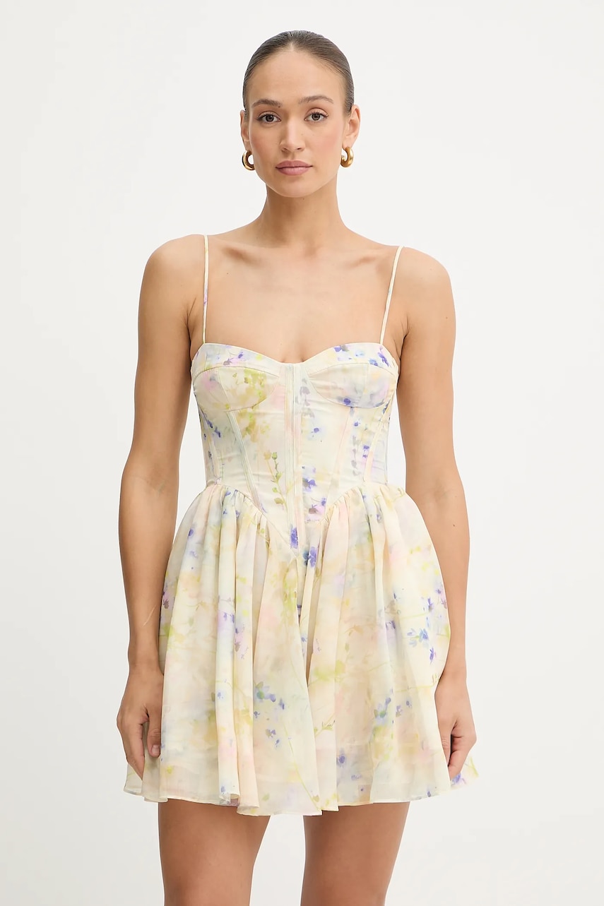 Bardot rochie culoarea galben, mini, evazati, 59910DB