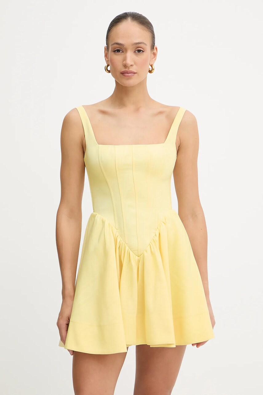 Bardot rochie culoarea galben, mini, evazati, 59902DB