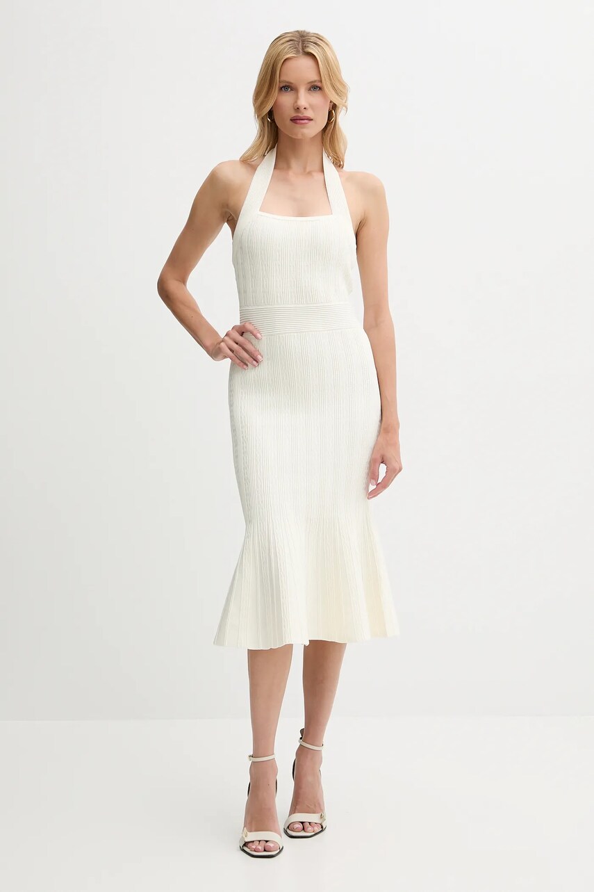 Levně Šaty Guess SOFIE béžová barva, midi, přiléhavé, W5YK39 Z2XY0