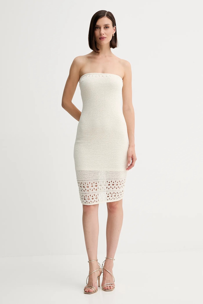 Levně Šaty Guess LEAH béžová barva, mini, přiléhavé, W5YK76 Z3P21