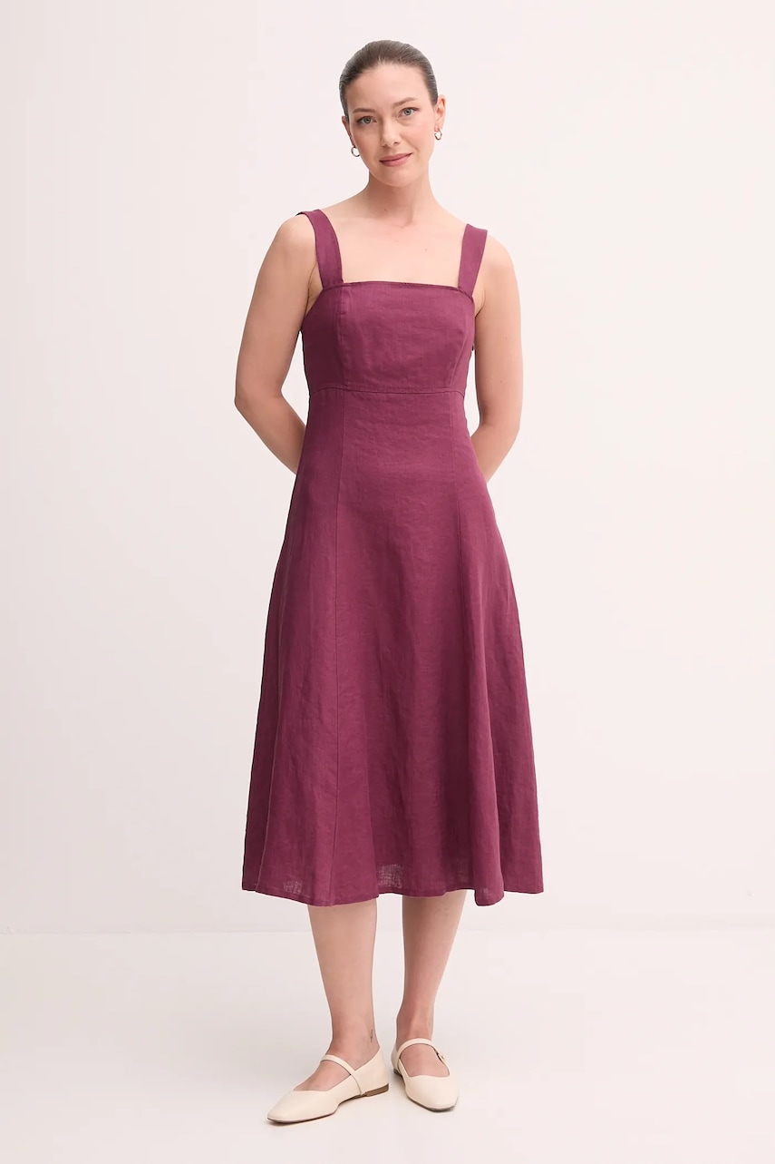 United Colors of Benetton rochie din in culoarea bordo, midi, evazați, 4AGHDV0AG