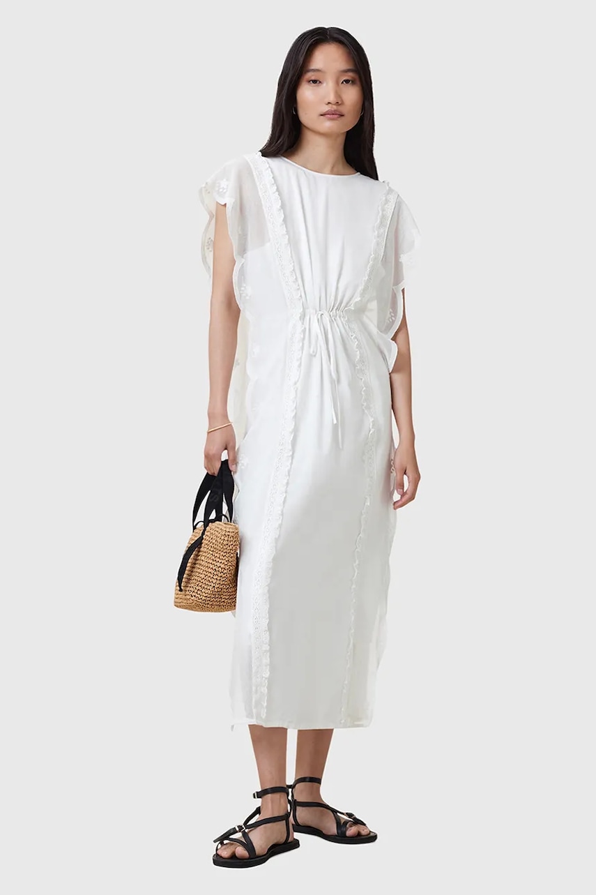 AllSaints rochie din bumbac OLA culoarea alb, midi, drept, W197DC