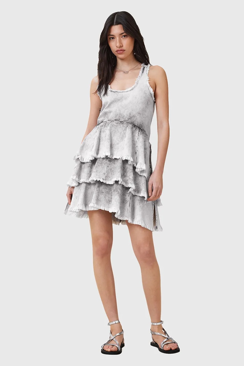 AllSaints rochie din bumbac CAVARLY culoarea gri, mini, evazati, W275DC