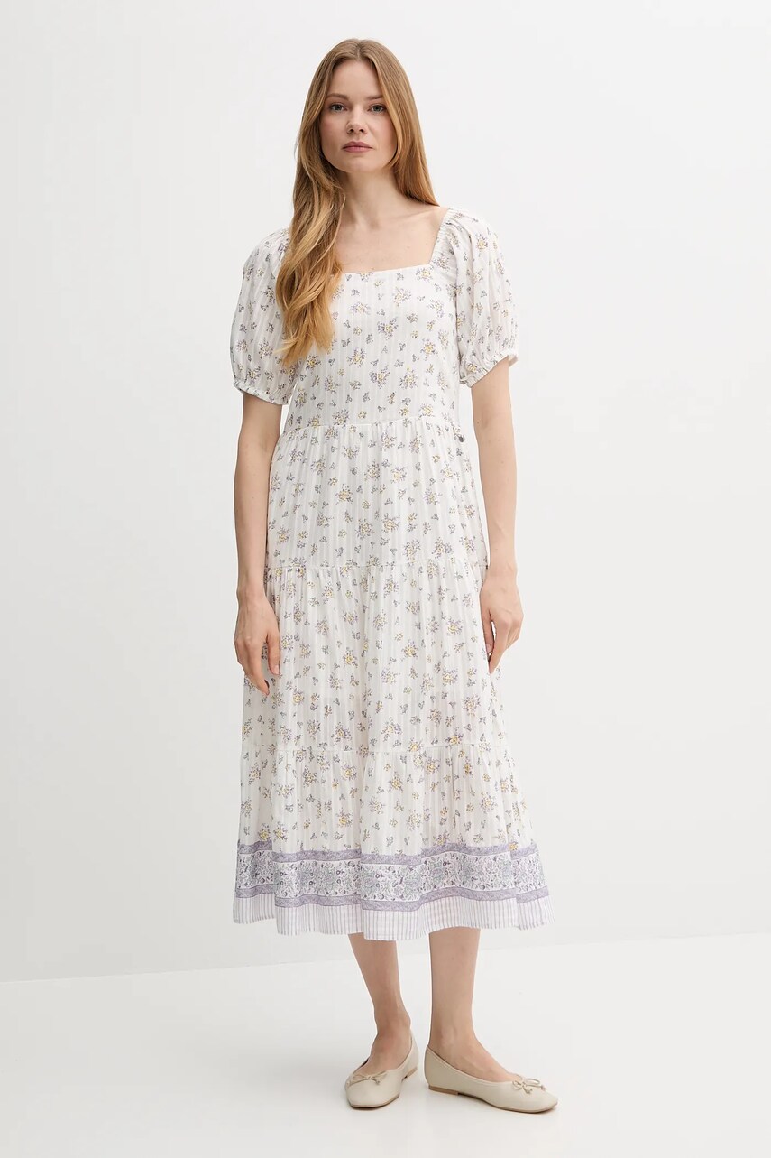 Pepe Jeans rochie din bumbac culoarea alb, midi, evazați, PL953759