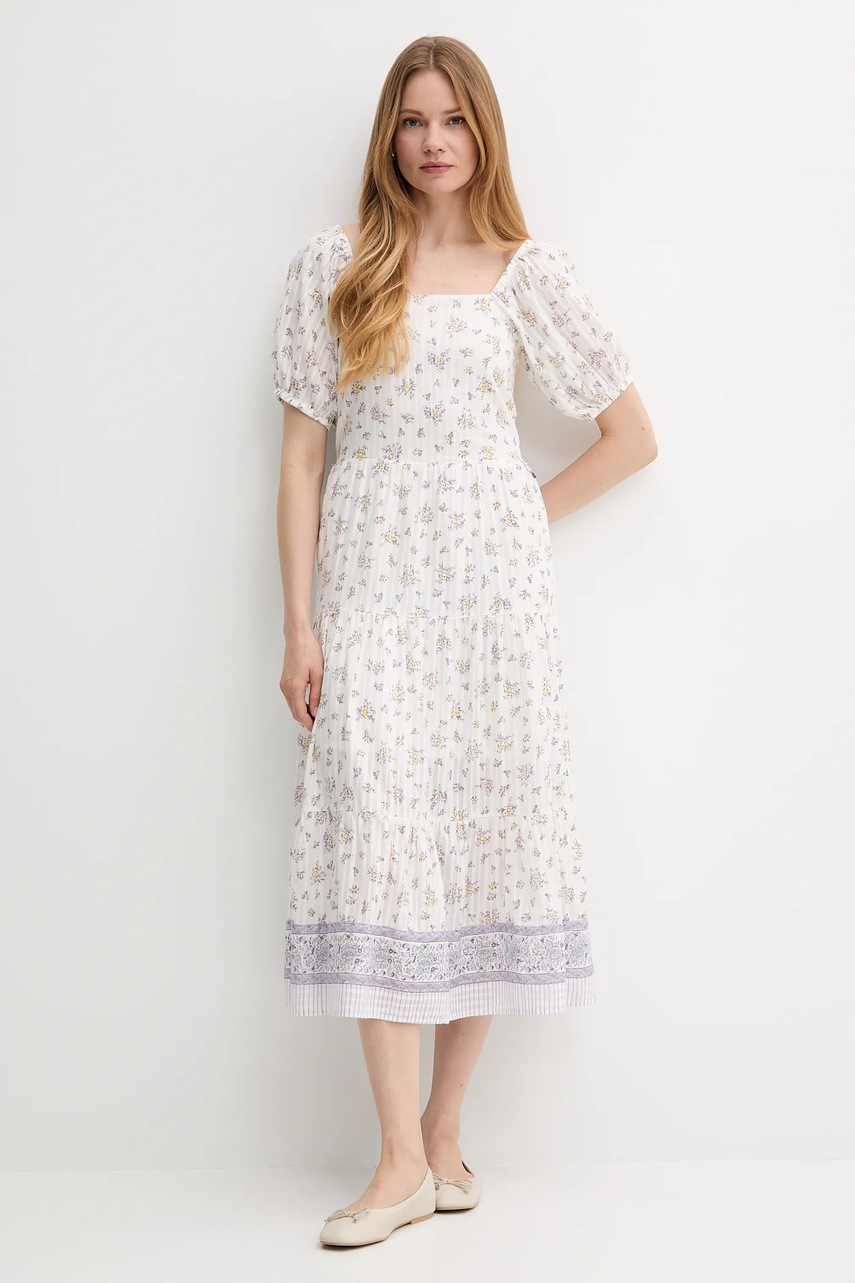 Хлопковое платье Pepe Jeans цвет белый midi расклешённое PL953759