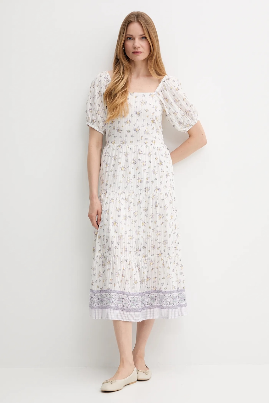 Хлопковое платье Pepe Jeans цвет белый midi расклешённое PL953759 Хлопковое платье Pepe Jeans цвет белый midi расклешённое PL953759