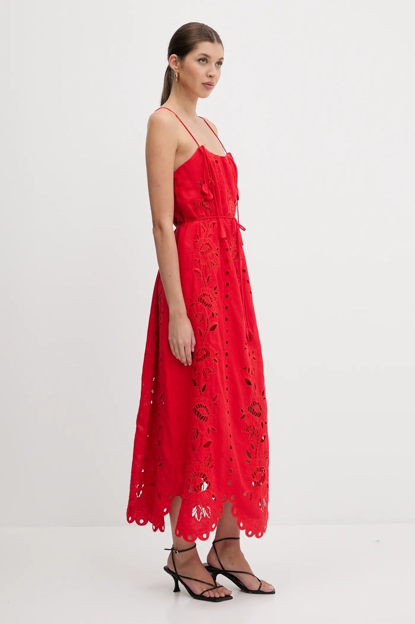 Льняное платье Farm Rio цвет красный maxi расклешённое 336561