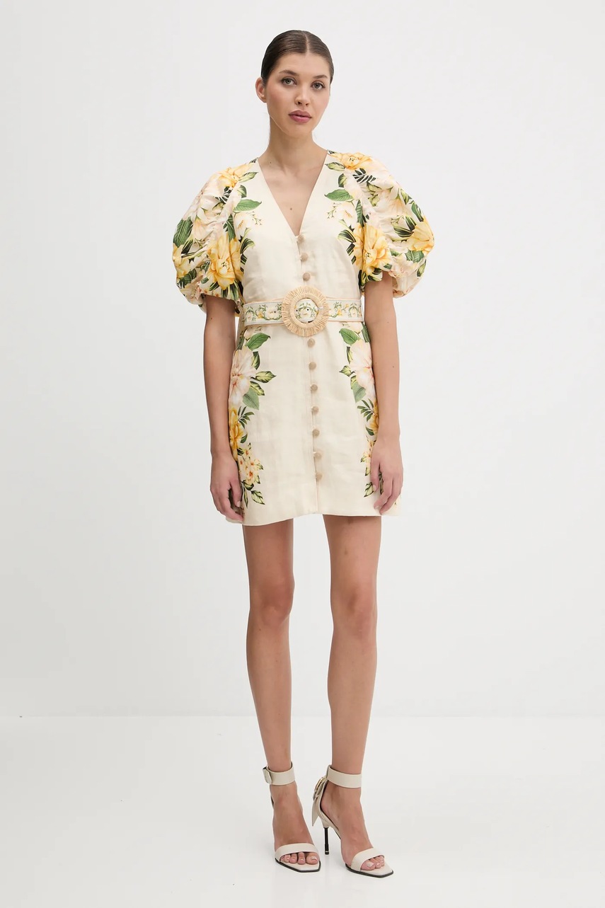 Льняное платье Farm Rio цвет бежевый mini расклешённое 335753