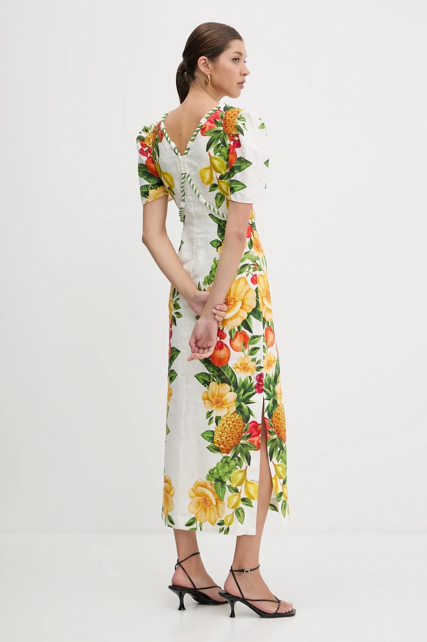 Льняное платье Farm Rio цвет белый maxi расклешённое 335815