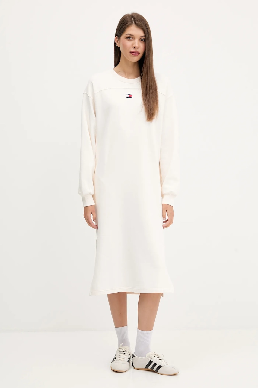 Tommy Jeans rochie din bumbac culoarea bej, mini, oversize, DW0DW21484