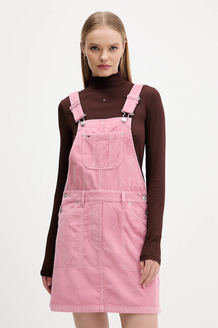 Tommy Jeans rochie din velur culoarea roz, mini, evazați, DW0DW21494