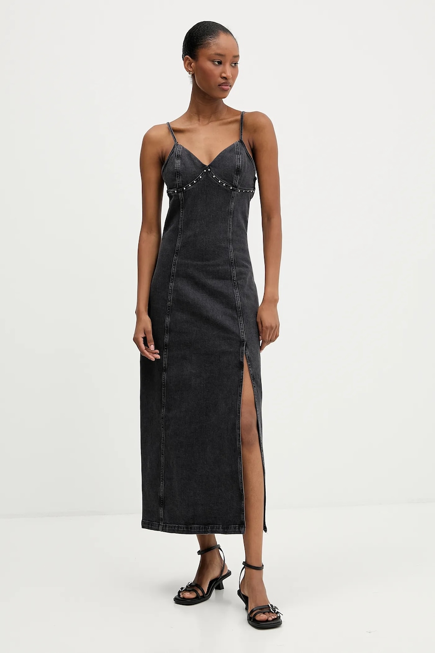 Tommy Jeans rochie din denim culoarea gri, maxi, evazati, DW0DW21634