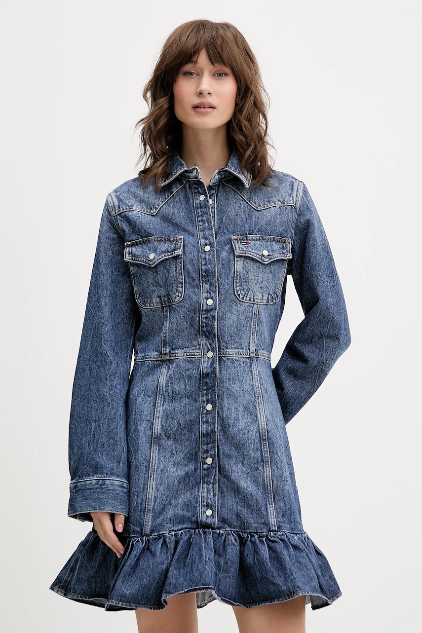 Tommy Jeans rochie jeans culoarea bleumarin, mini, evazați, DW0DW21635