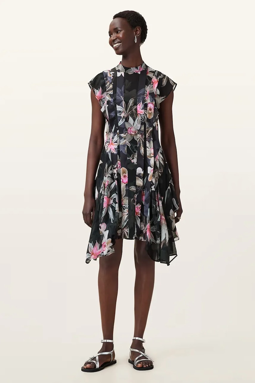 AllSaints rochie FLEUR culoarea negru, mini, evazați, W370DC
