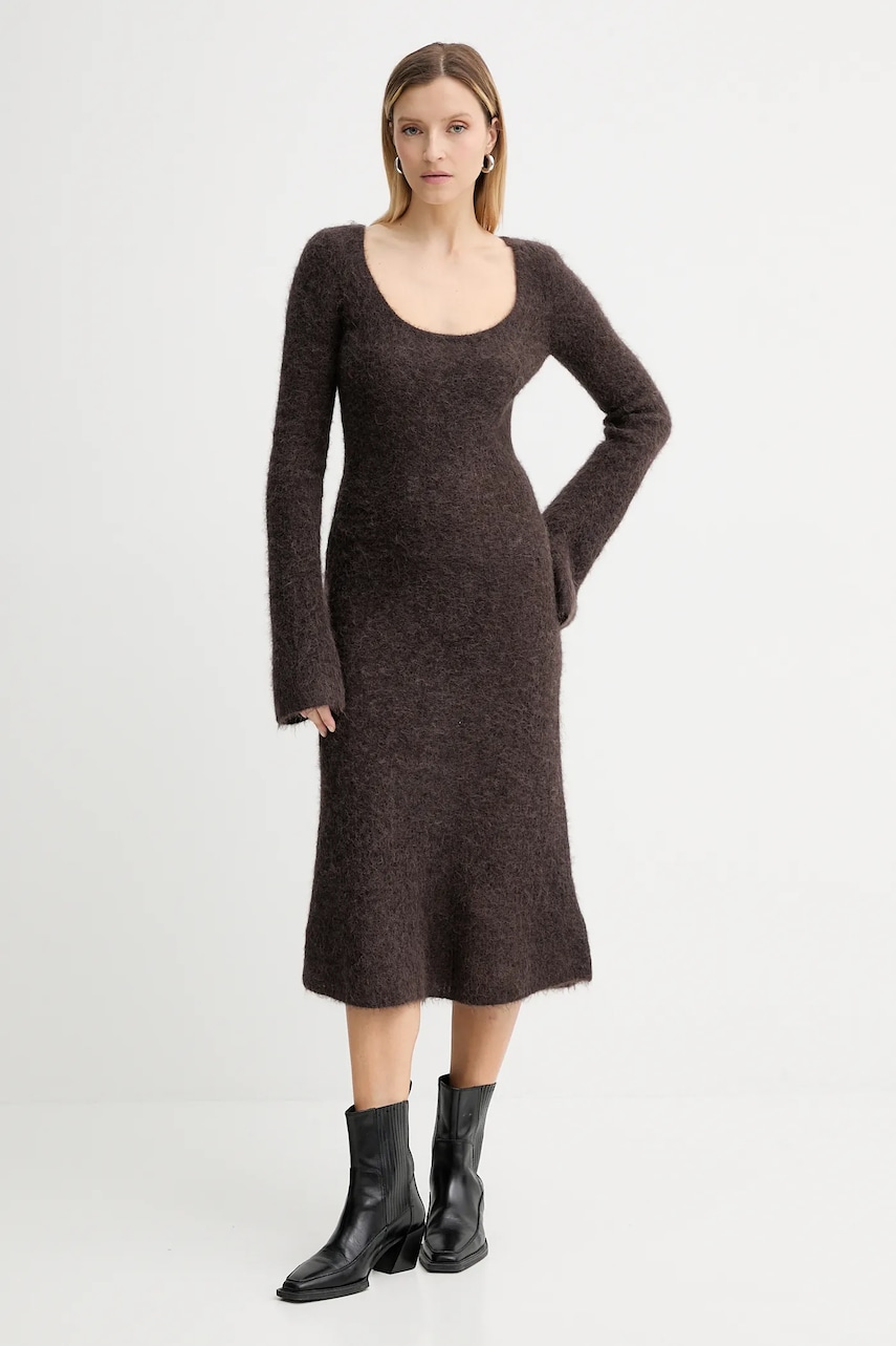 American Vintage rochie din lână culoarea maro, midi, evazați, NEN14A