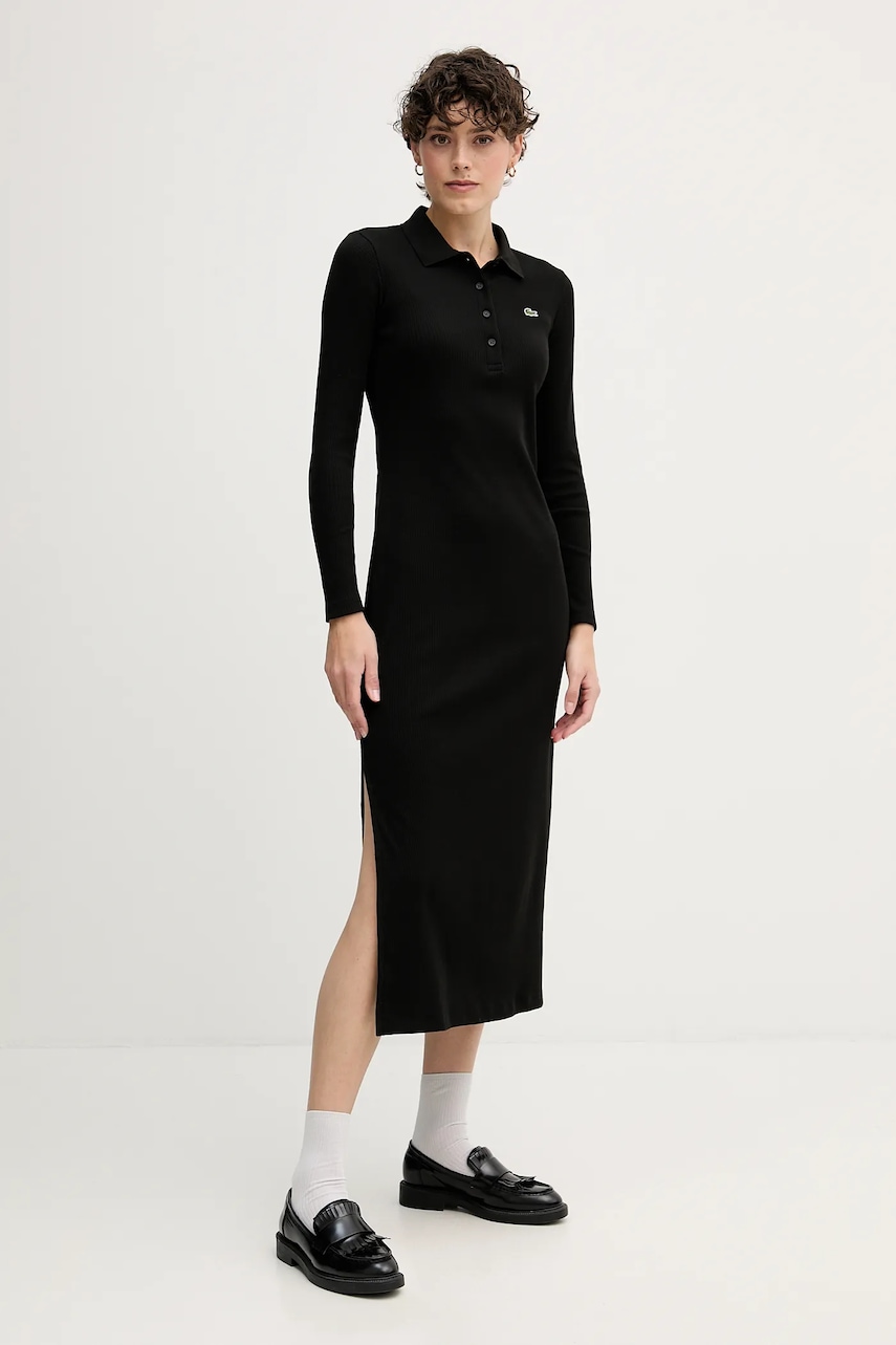 Lacoste rochie din bumbac culoarea negru, midi, mulată, EF5297