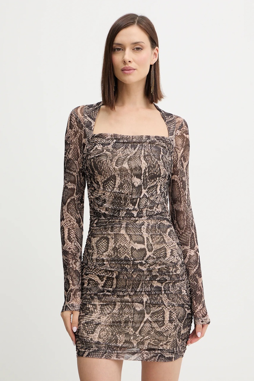 Levně Šaty Guess BERNARDETTE hnědá barva, mini, přiléhavé, W5BK65 KCZC2