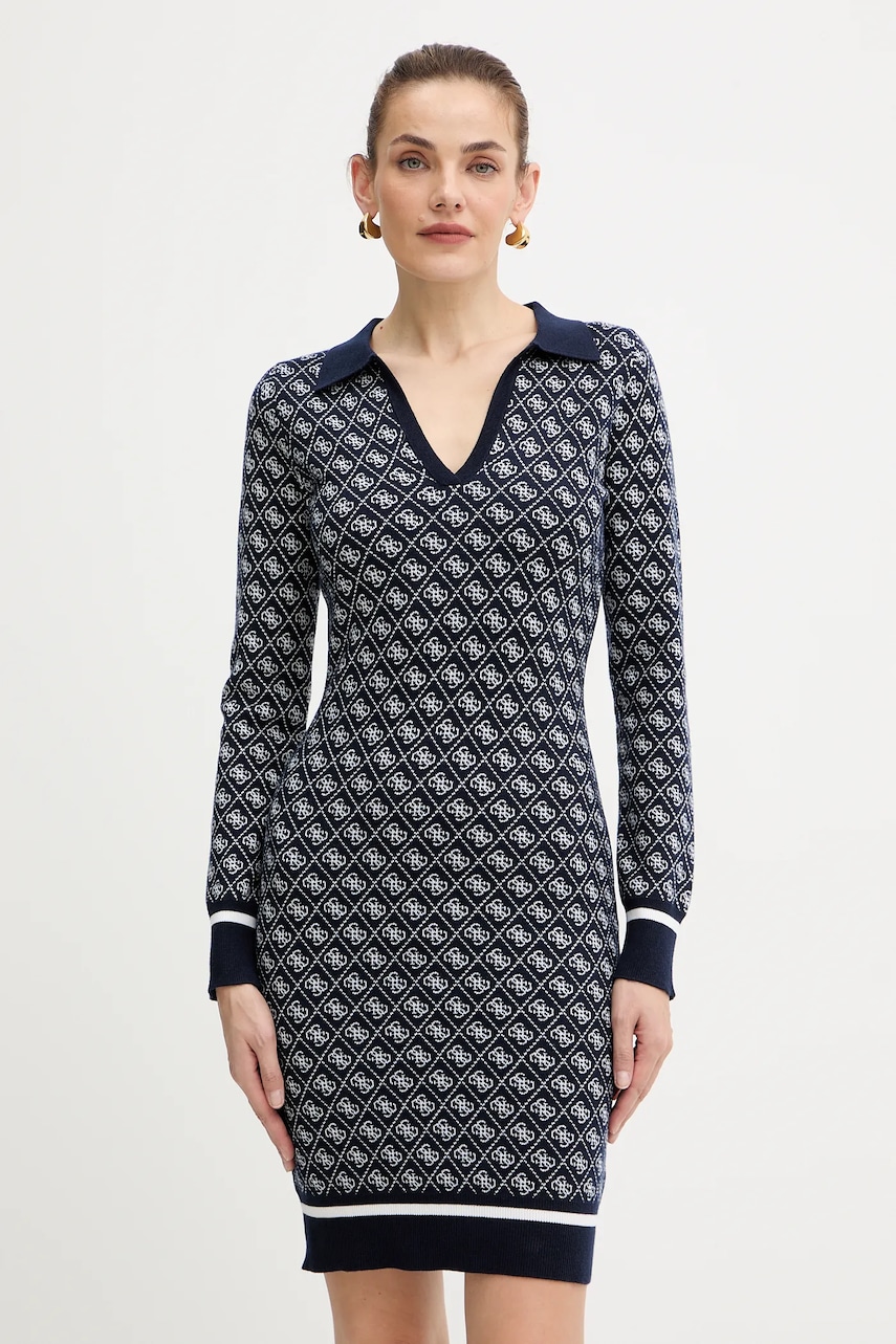 Levně Šaty z vlněné směsi Guess AUBREY tmavomodrá barva, mini, přiléhavé, W5BK25 Z3JD2