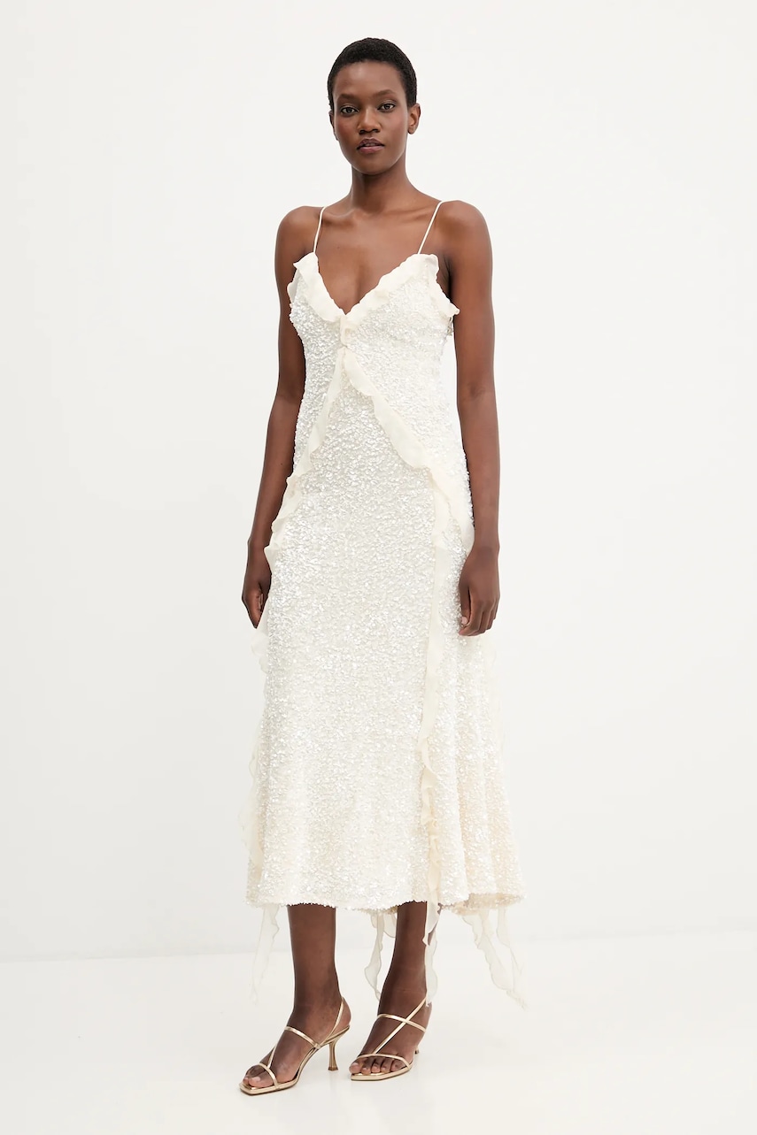 Bardot rochie culoarea bej, maxi, evazati, 59338DB1