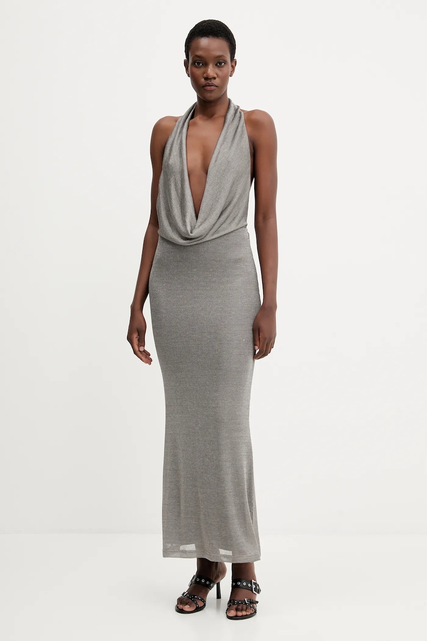 Bardot rochie culoarea argintiu, midi, mulata, 59814DB1