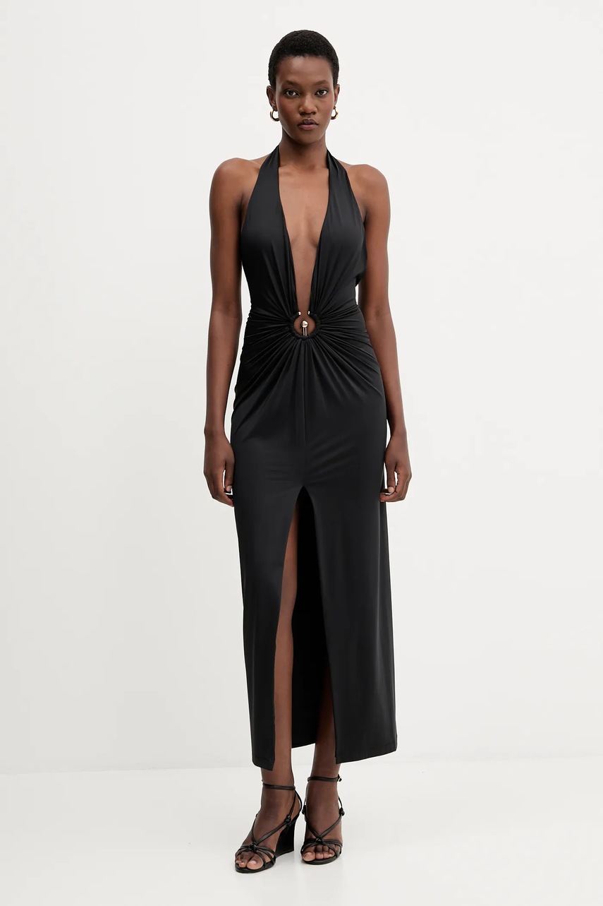 Bardot rochie culoarea negru, maxi, mulata, 59914DB