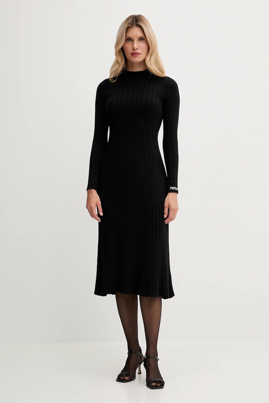 Pepe Jeans rochie culoarea negru, midi, mulată, PL9537749
