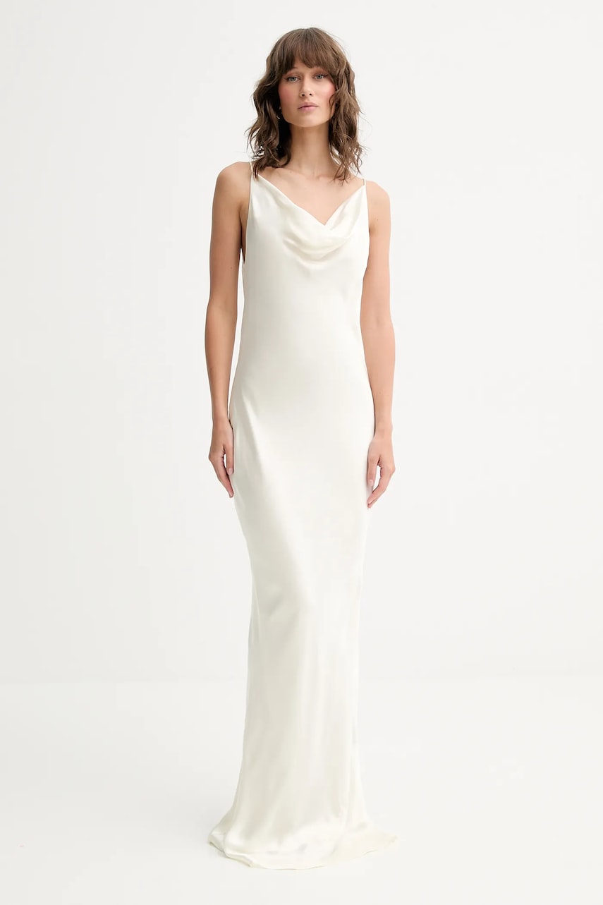 Rotate rochie de mătase culoarea bej, maxi, drept, 114234857