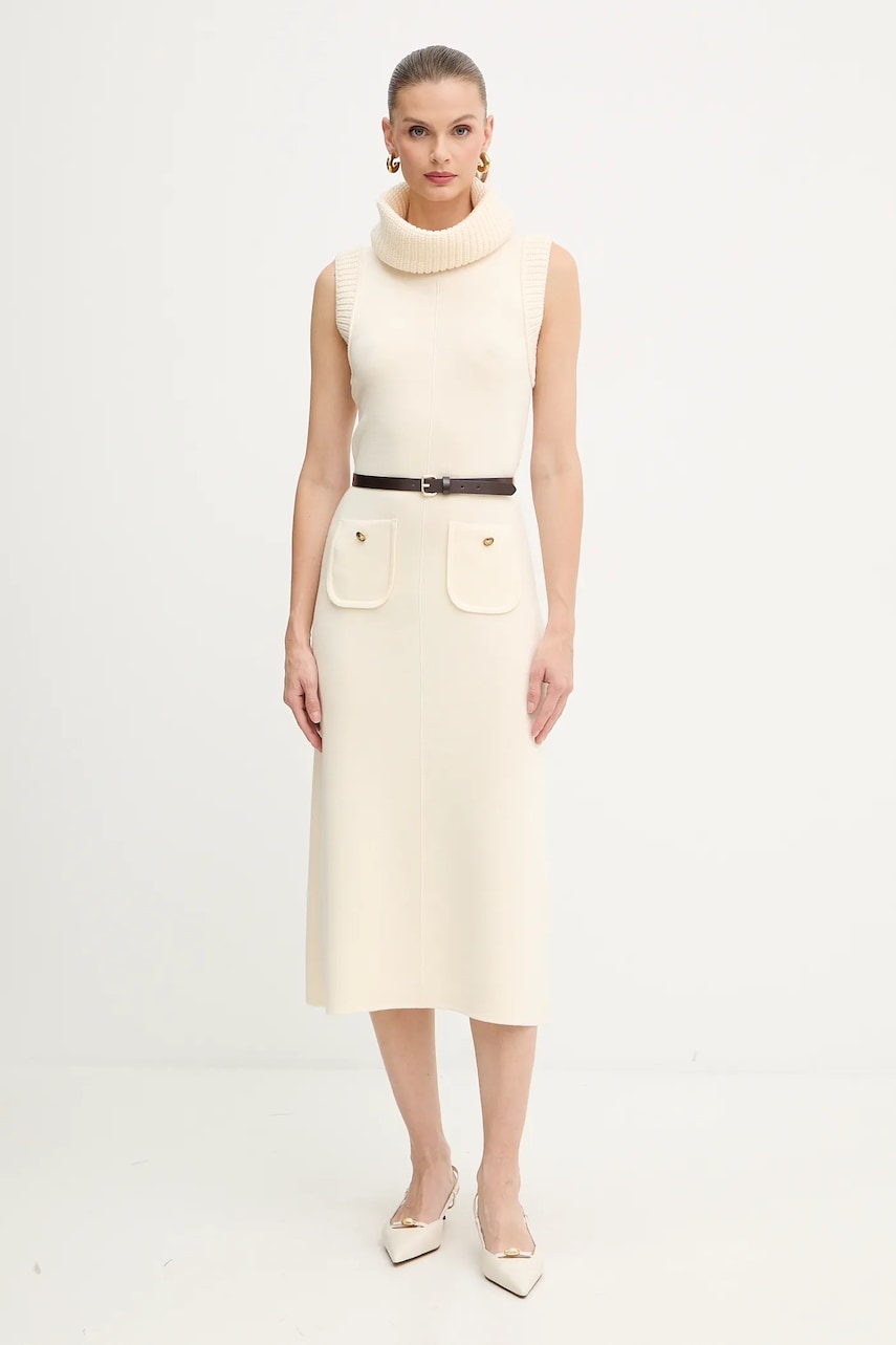 Luisa Spagnoli rochie din lână culoarea bej, midi, evazați, 100242