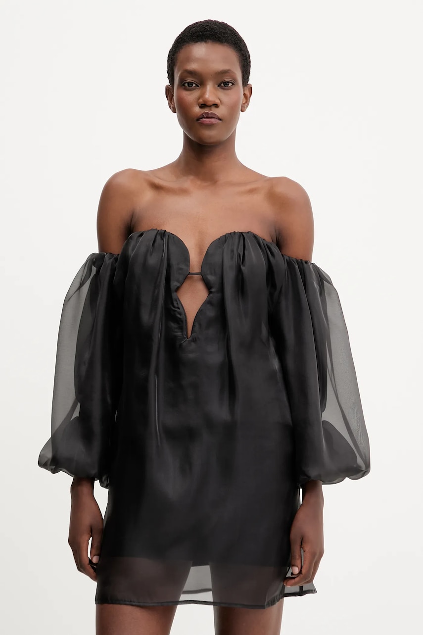 Bardot rochie culoarea negru, mini, mulata, 59968DB
