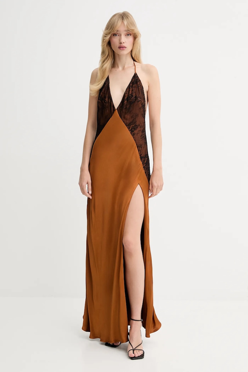 Bardot rochie culoarea maro, maxi, evazați, 59977DB