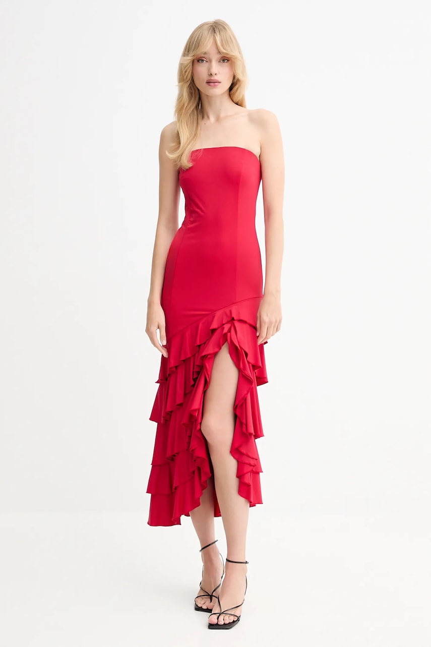 Bardot rochie culoarea rosu, mini, evazați, 60029DB