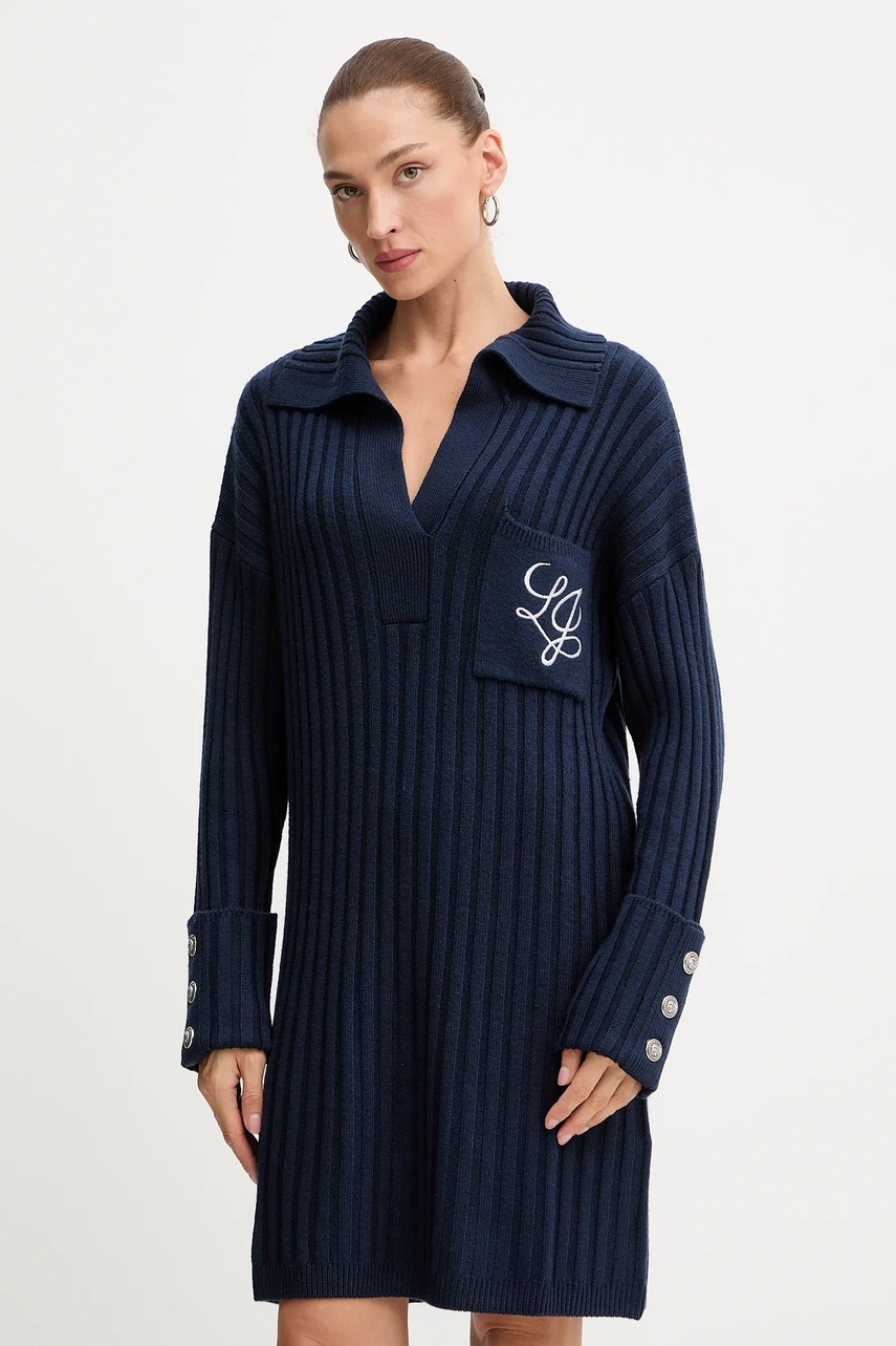 Levně Šaty s příměsí vlny Liu Jo tmavomodrá barva, mini, oversize, MF5049 MA51I