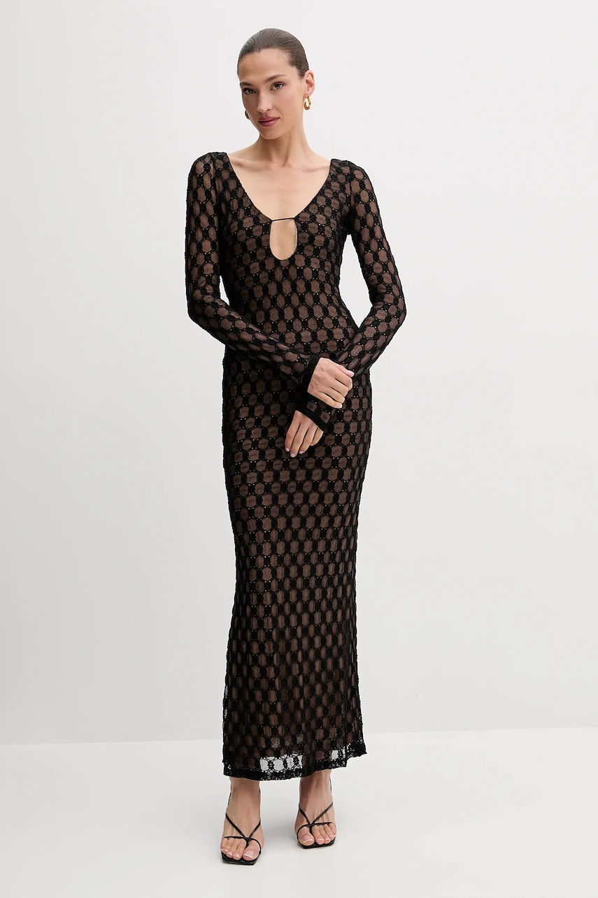 Bardot rochie culoarea negru, maxi, mulată, 59966DB