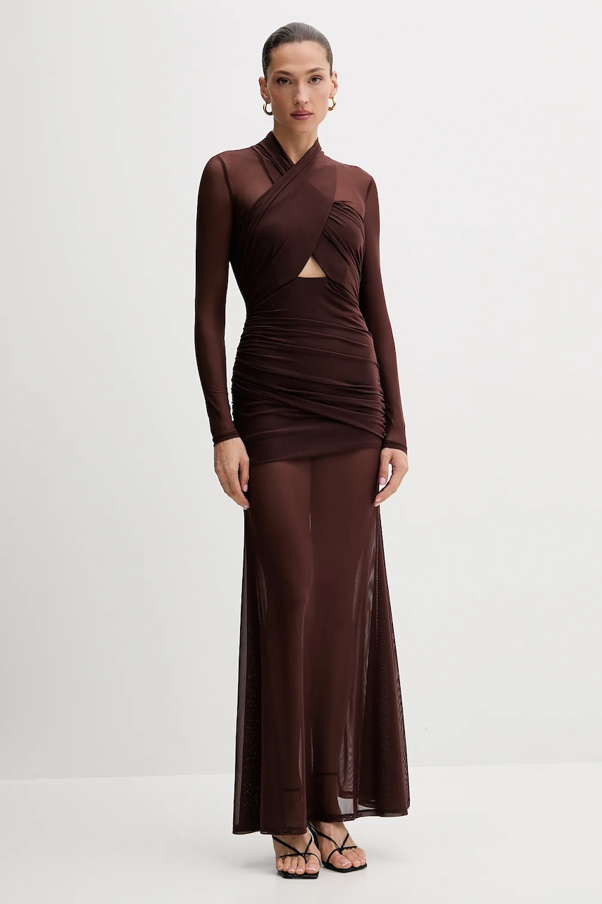 Bardot rochie culoarea maro, maxi, mulată, 59987DB