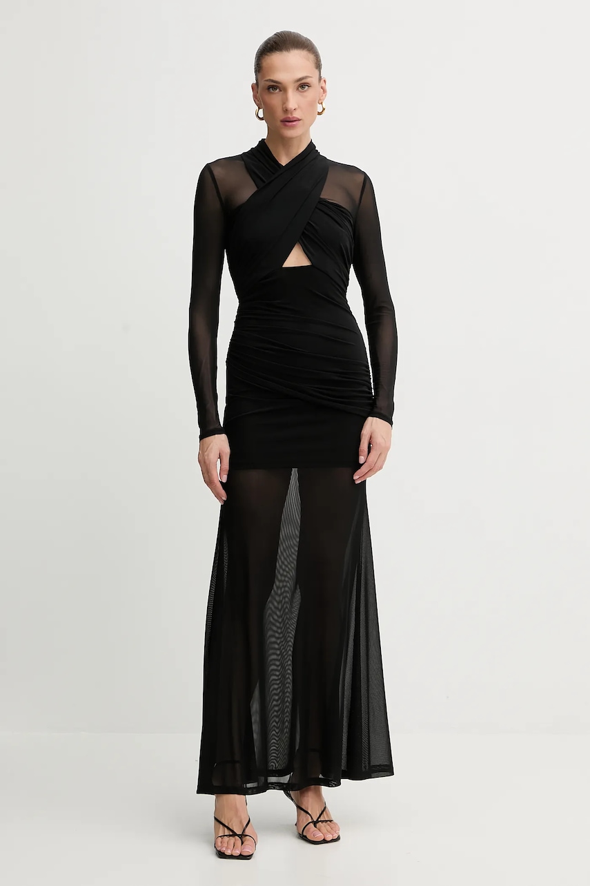 Bardot rochie culoarea maro, maxi, mulată, 59987DB