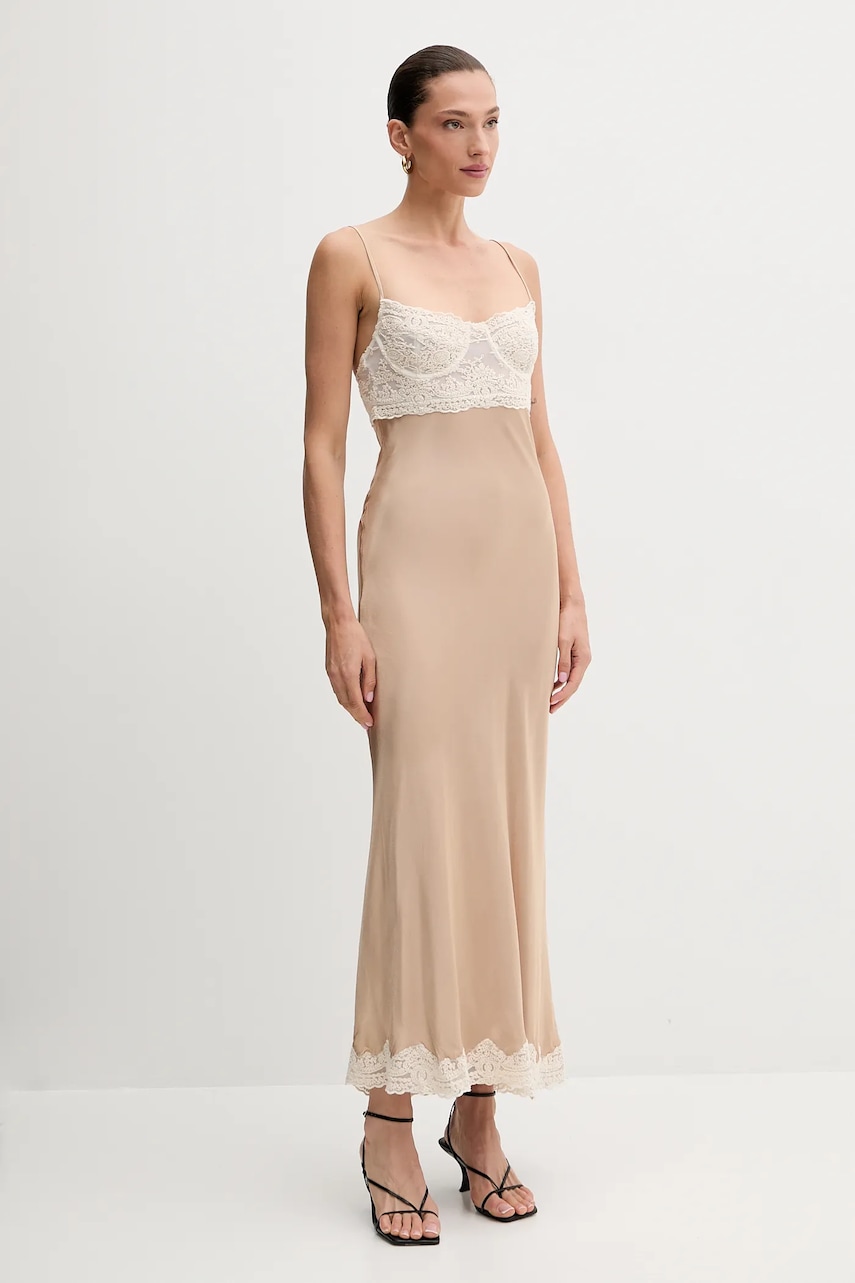 Bardot rochie culoarea bej, maxi, evazați, 60118DB