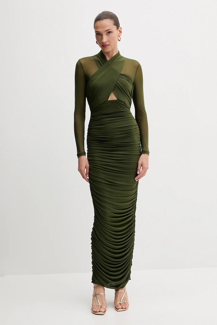 Bardot rochie culoarea verde, maxi, mulată, 60119DB
