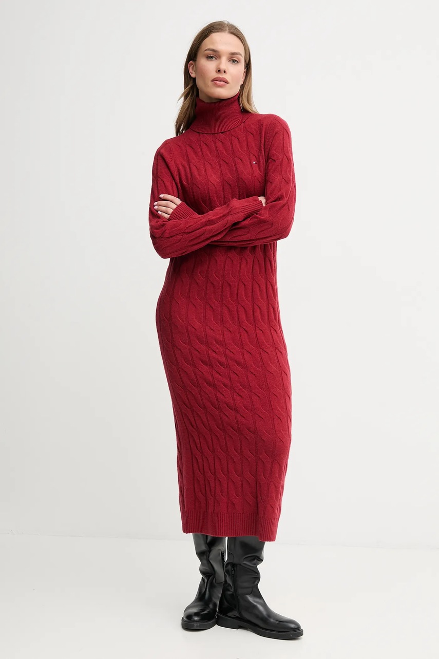 Levně Šaty s příměsí vlny Tommy Hilfiger vínová barva, maxi, WW0WW46429